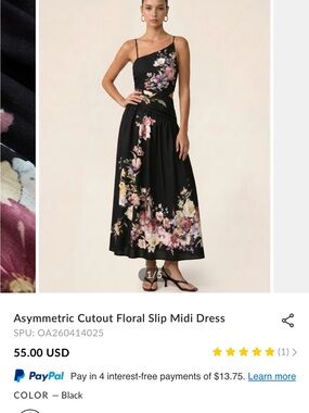 NWT Commense Black Asymmetric Floral Midi Dress